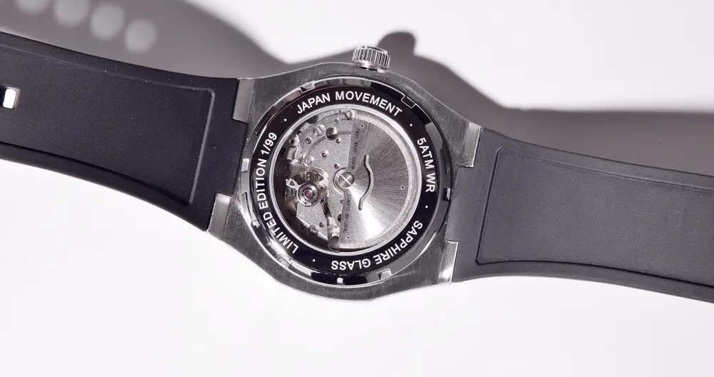 The caseback ring: Japan movement, 5 ATM, sapphire glass.