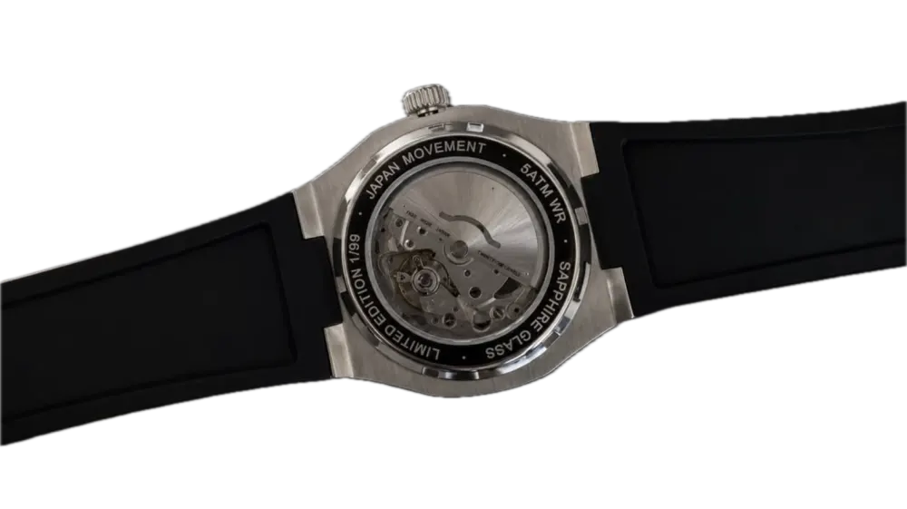 The caseback, with a sapphire window onto the movement.